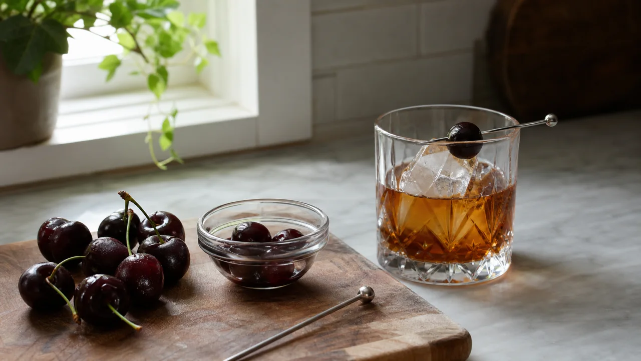 Färska cocktailbär sorterade med små spett och citrus