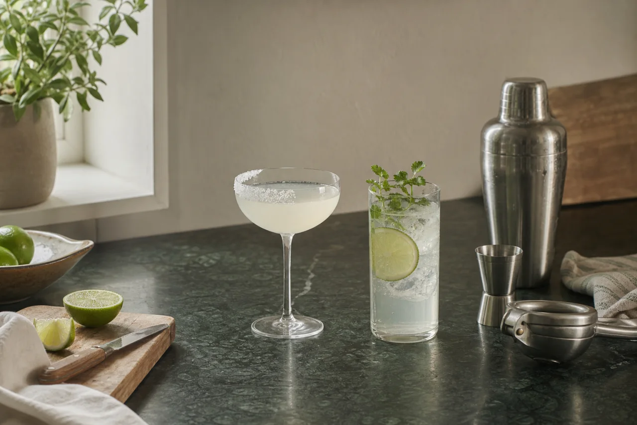 En välordnad hemmabar med citrus, is och tre olika drinkglas