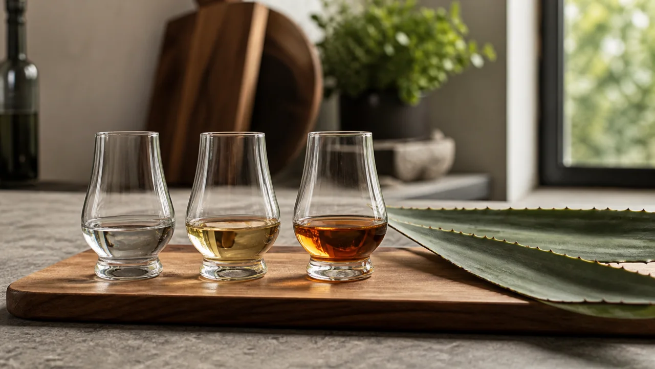 Redaktionell bild av tequila blanco, reposado och añejo